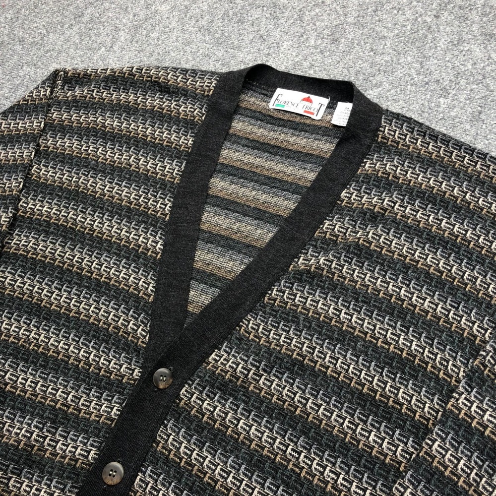 Florence Tricot Mens Cardigan Sweater Medium Black Grey Wool Blend Made in Italy - Picture 2 of 7